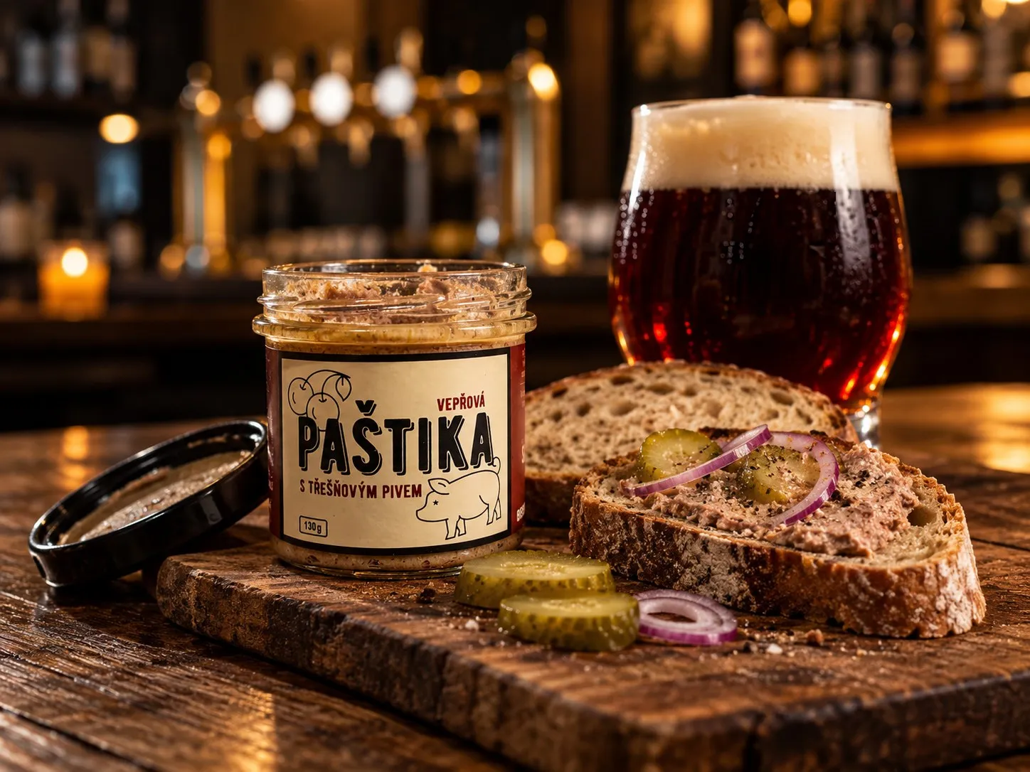 Vepřová paštika s třešňovým pivem ve sklenici 130 g